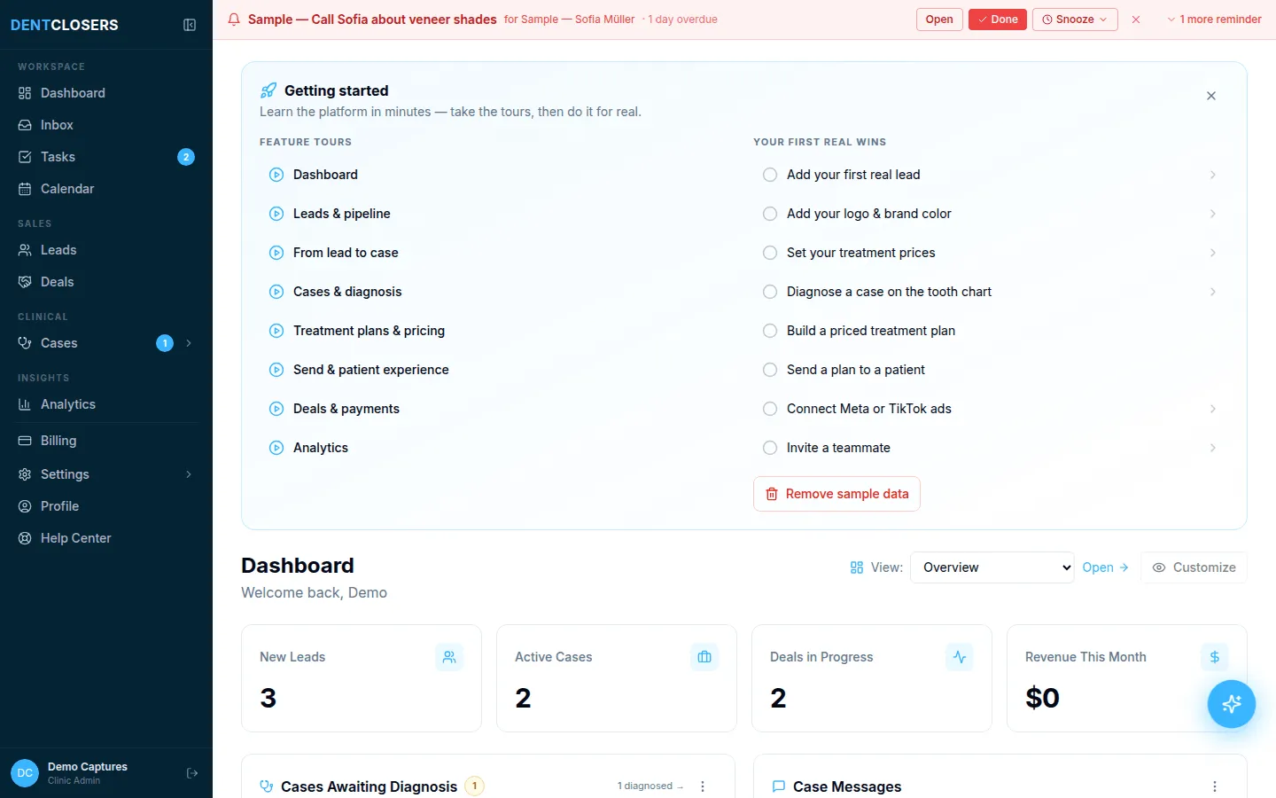 The getting-started checklist on a new clinic's dashboard.